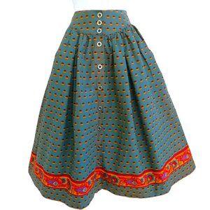 Vintage Lizsport Midi Skirt Farmhouse Metal Button Front Twill Floral Border 2P